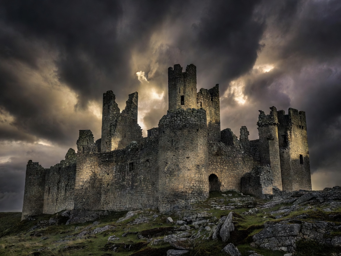 Ancient stone castle exterior against a dramatic sky
