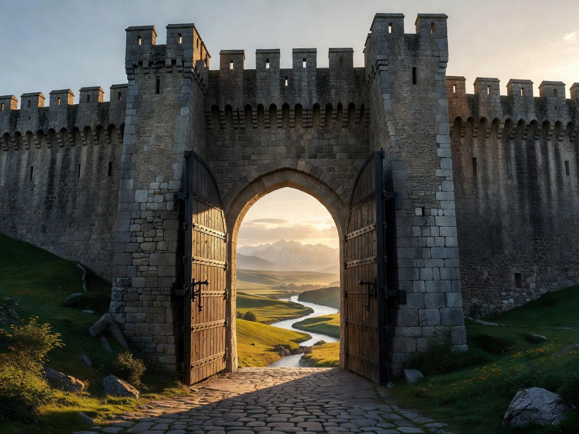Massive medieval city walls and gates opening to the realm
