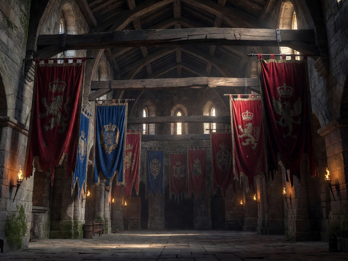 Royal banners hanging in an ancient stone hall